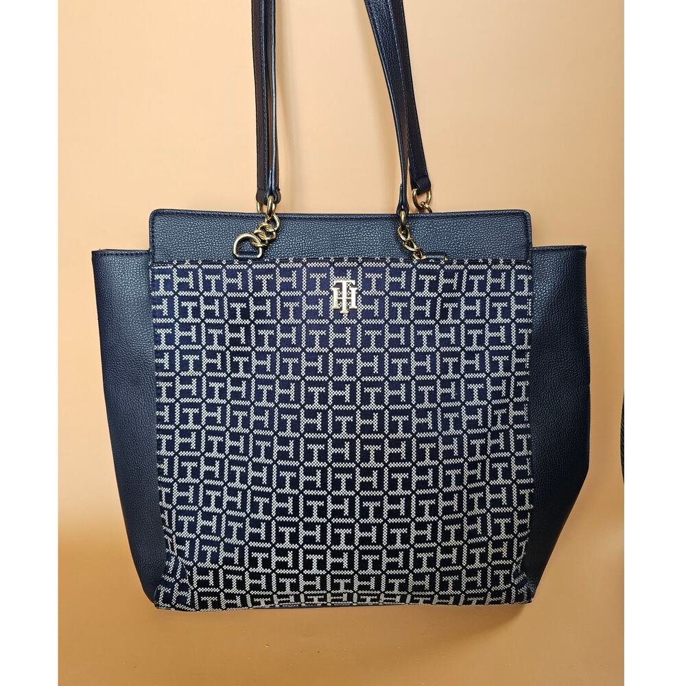 Tommy Hilfiger Monogram Navy Jacquard Tote Bag Gold Hardware 3 Compartment 14in